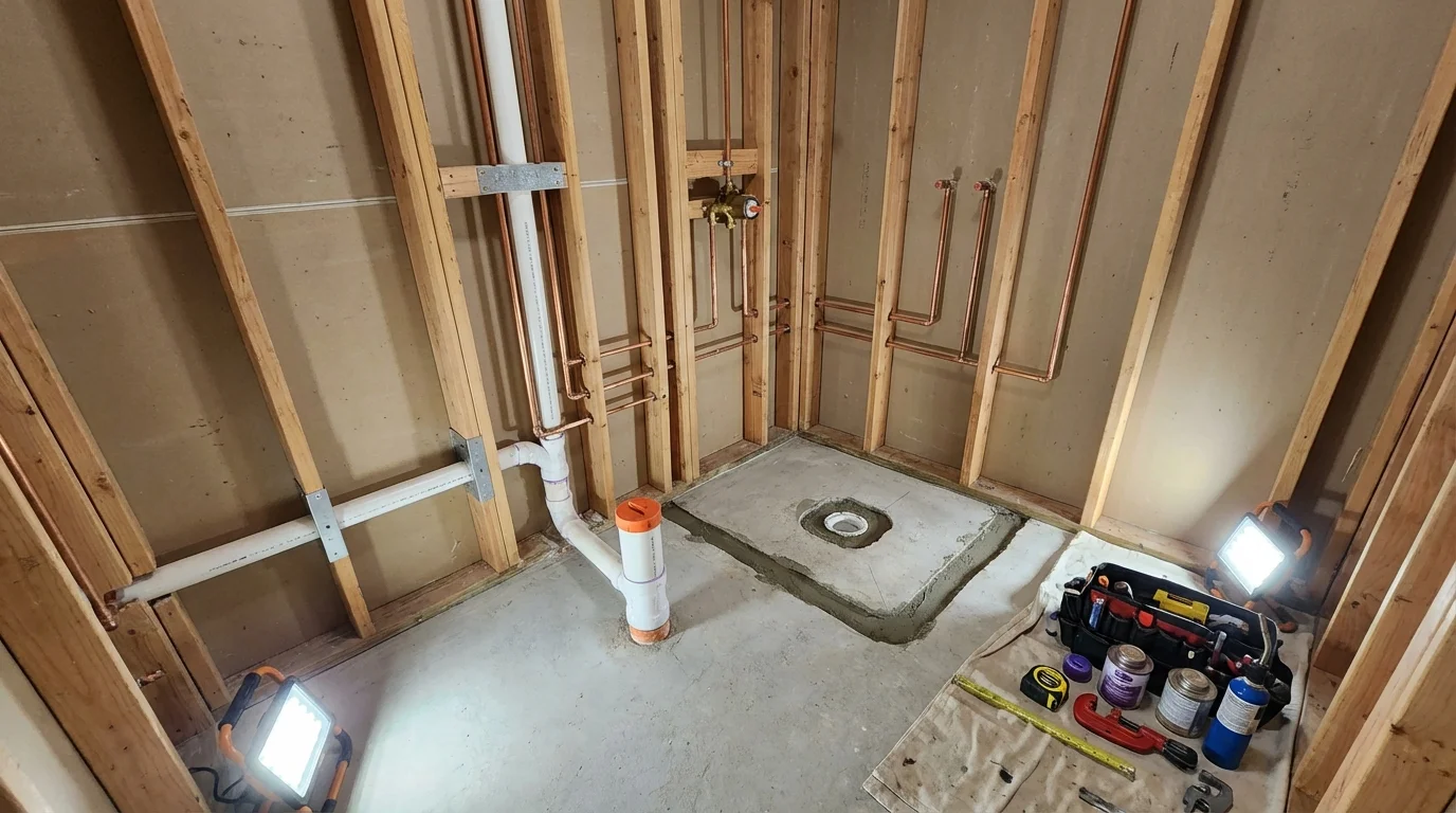 Bathroom rough-in plumbing during remodel by Johns Plumbing LLC in Whiteville