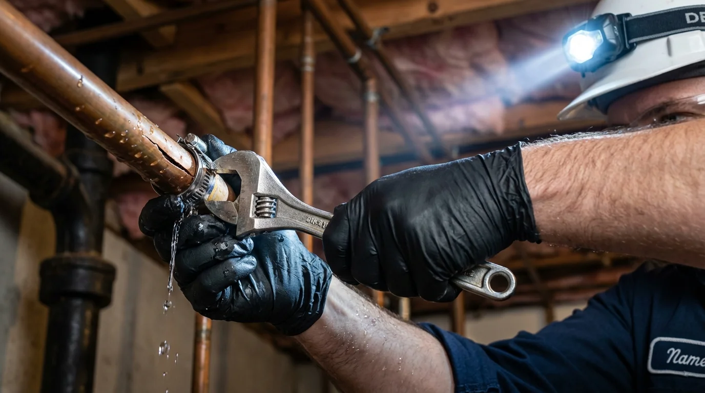 Emergency pipe clamp repair being performed by a Johns Plumbing LLC plumber in Whiteville