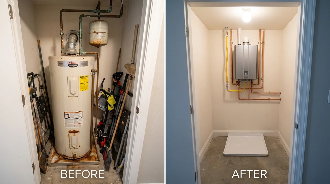 Tank water heater versus wall-mounted tankless unit comparison for Whiteville, NC homeowners