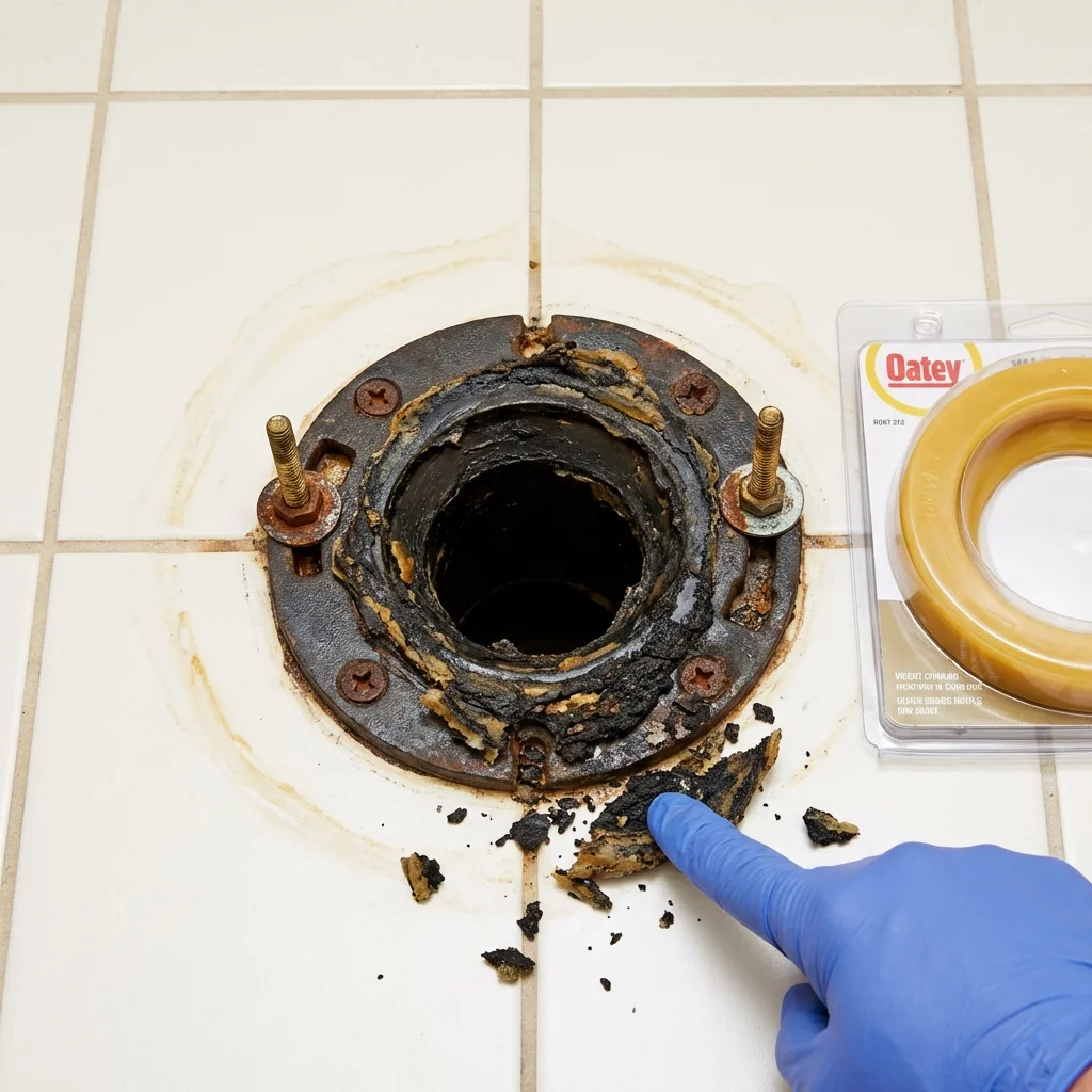 Failed wax ring showing water seepage at the base of a toilet in a Whiteville, NC home