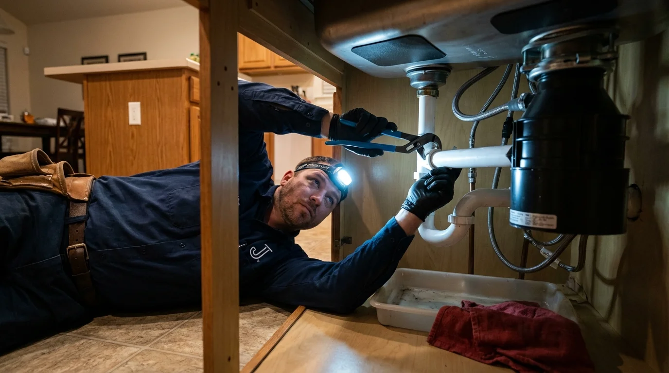 P-trap and supply line connections under a kitchen sink showing a common leak point in Whiteville, NC